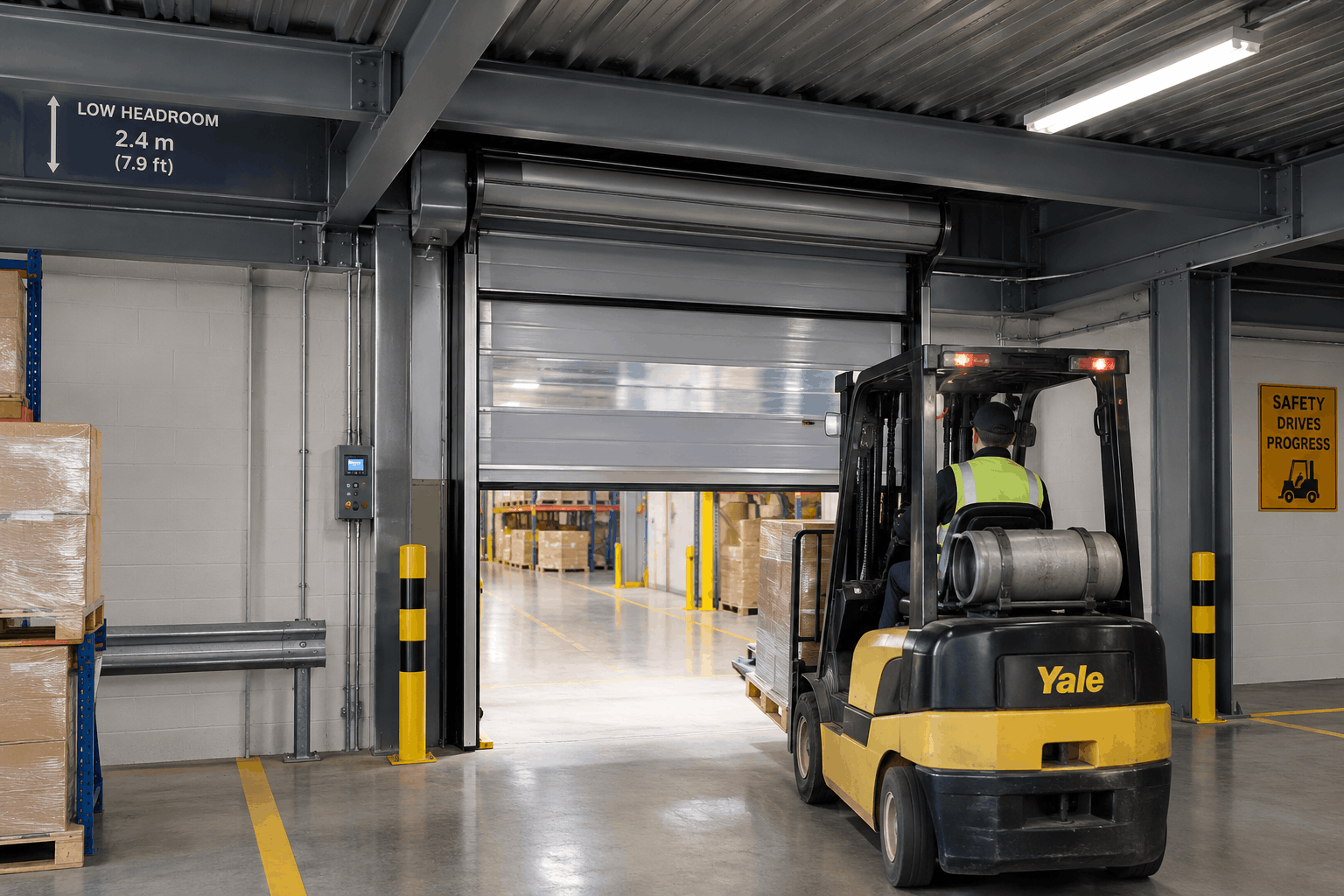Industrial doors for limited headroom at a compact warehouse entrance
